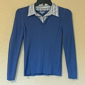 Izod Women’s L Blue Cable Knit Pullover Sweater w/ Striped Layered Look Collar